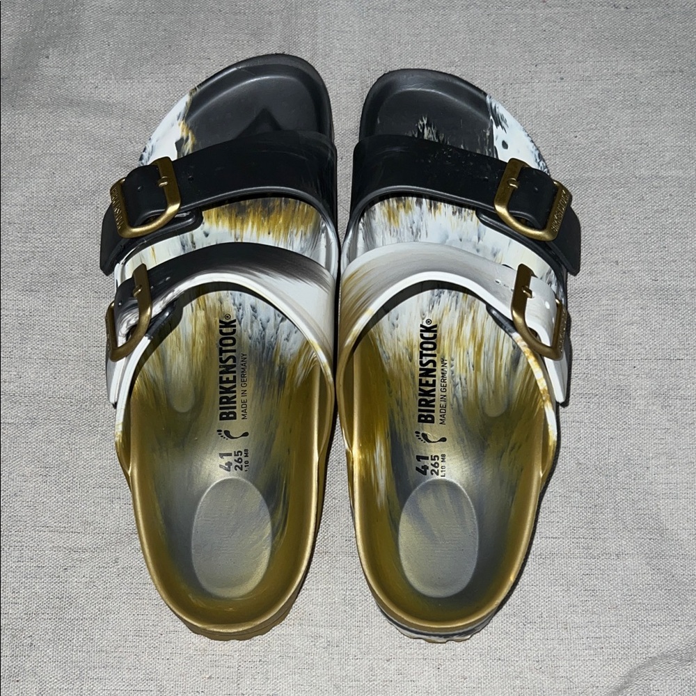 Arizona Birkenstock Woman Slides Gray, White, Gold Pool Size 41 Water Friendly